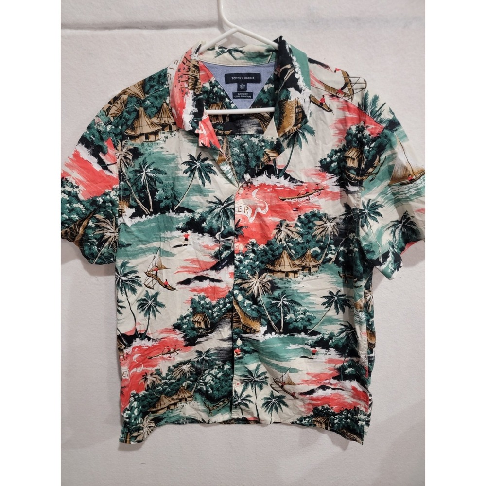 Tommy Hilfiger Men's Stretch Hawaiian Shirt XL Custom Fit Scenic Tropical Tiki